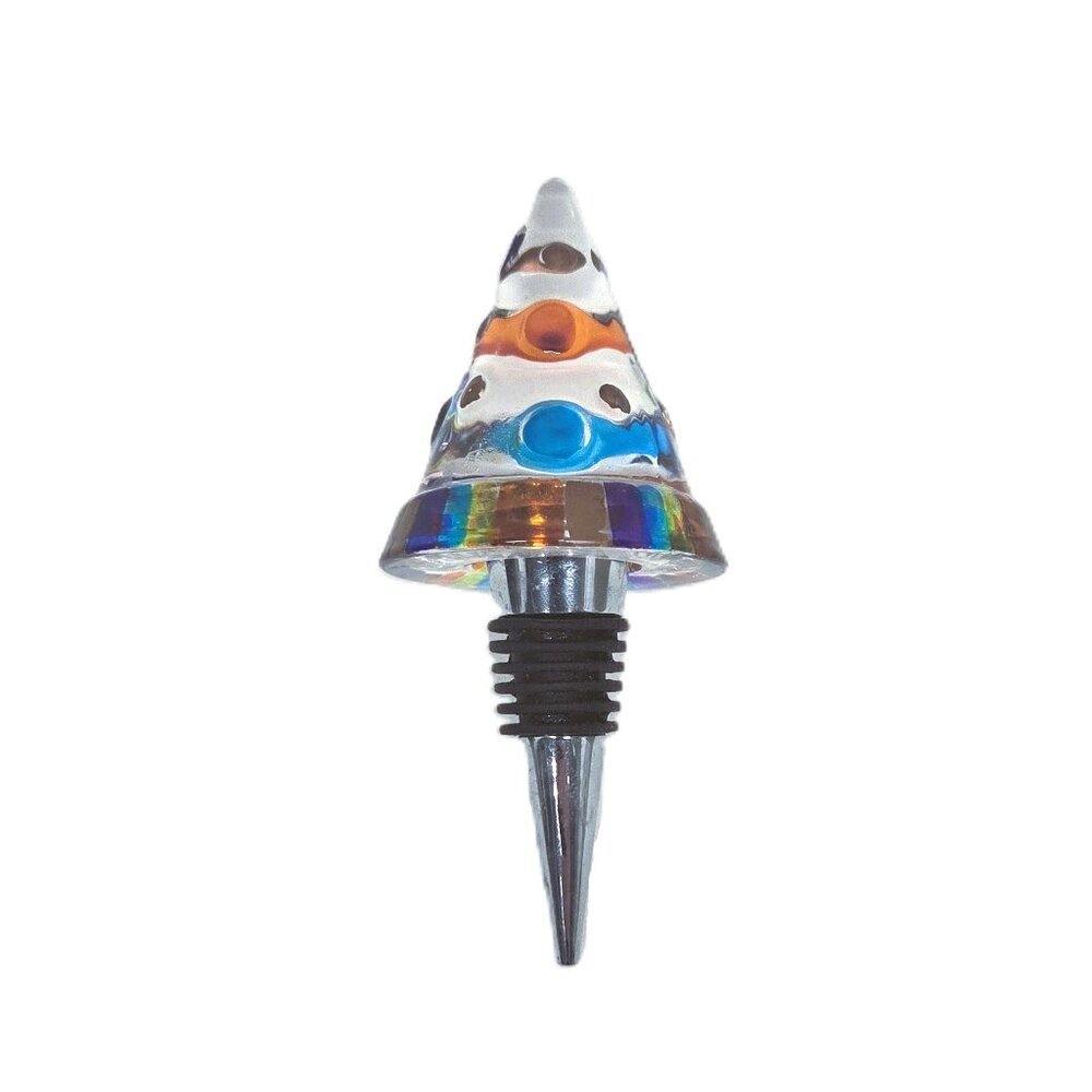 Heavy Glass Christmas Tree Wine Bottle Stopper Painted Multicolor